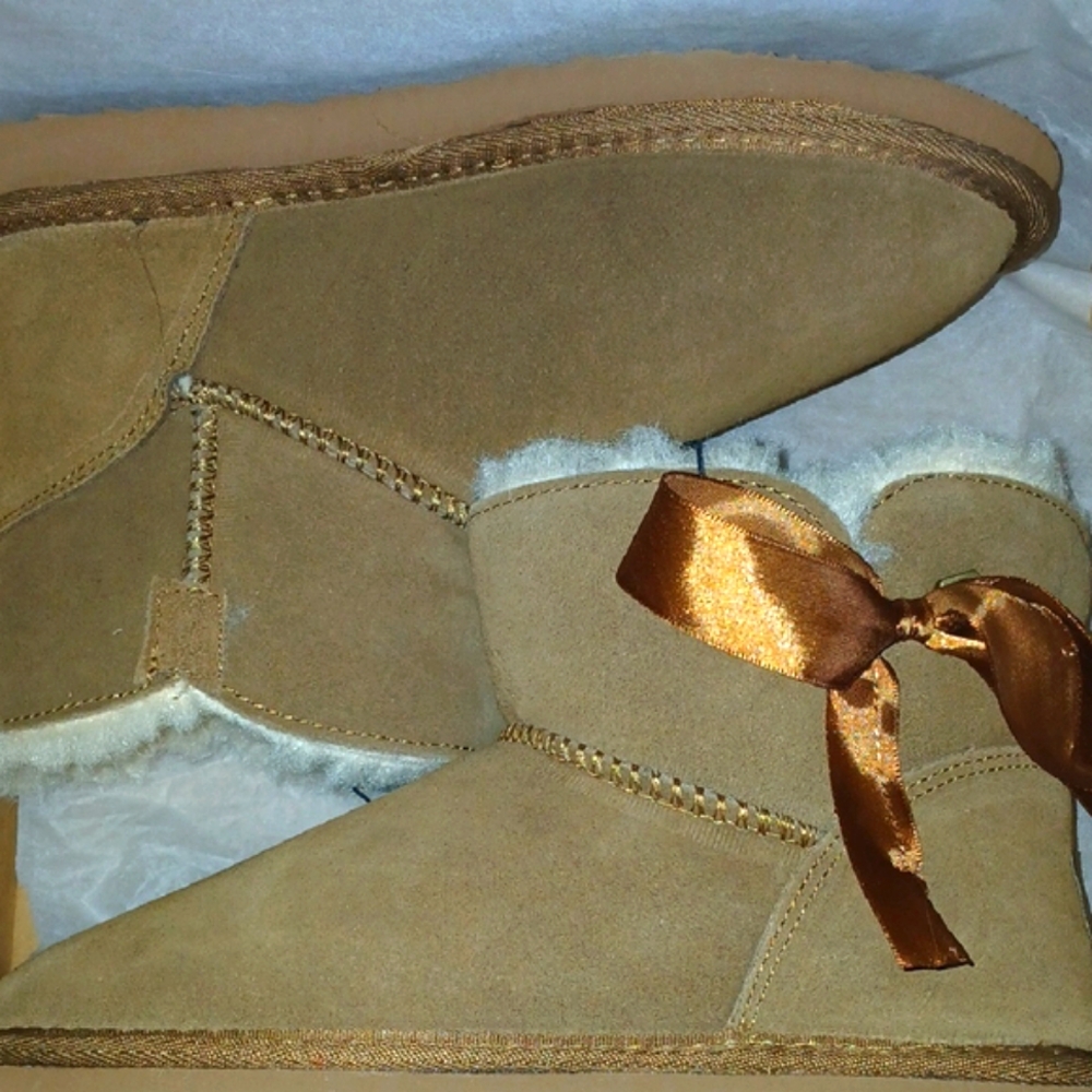 PAWZ Tan Ankle Boots with Ribbon Detail